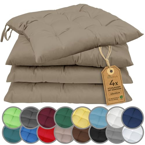 NatureMark Set de 4 Cojines para Sillas con Lazos 40x40 cm – Cojín de Asiento Relleno para Cocina, Jardín y Terraza – Color Arena/Beige