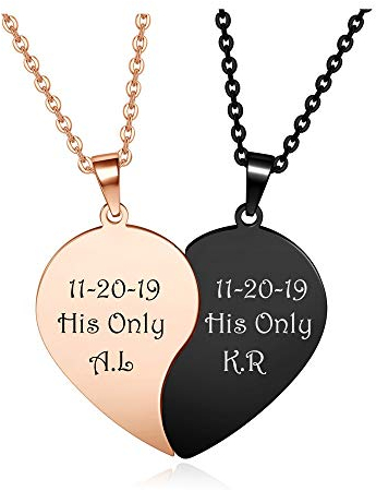 PiercingJak Personalized Gravur Herzkette Yin Yang Halskette Edelstahl Herz Puzzle-Anhänger Paar Partner Kette Liebe Freundschaft Schmuck Geschenke für Damen Herren, Schwarz Rosegold