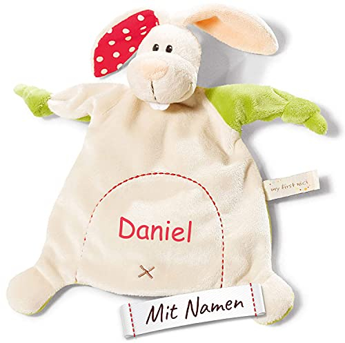 LALALO Schmusetuch mit Namen Bestickt, NICI Schnuffeltuch personalisiert, Baby & Kleinkind Stofftier-Kuscheltuch Einschlafhilfe (Hase)