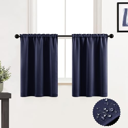 XTMYI Half Curtains for Window Blackout 2 Panels Short Waterproof Light Blocking Room Darkening Thermal Insulated Small Curtains for Kitchen Bathroom 30 Inch Length Navy Blue