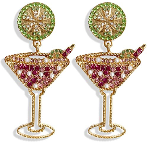 JIUIQL Sparkly Crystal Rhinestone Cocktail Drink Glass Cup Dangle Drop Earrings Shine Large Wine Glass Stud Earrings for Women Girls Statement Christmas Party Jewelry Gifts, Metal, n/p,