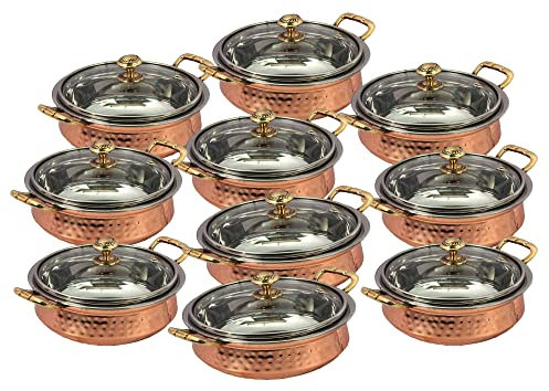 PARIJAT HANDICRAFT Indian Hammered Copper Serving Bowl for Food Soup with Handle and Glass Lid Decorative Small Seveware set-of-10