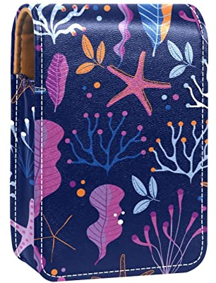 Lippenstift-Etui mit Spiegel, wundervolle Meerespflanzen, Koralle, Stern, Fische, Muster, marineblau, Lipgloss-Halter, tragbare Lippenstift-Aufbewahrungsbox, Reise-Make-up-Tasche,