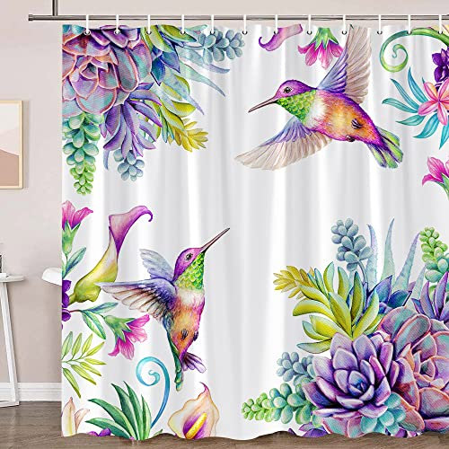 XHCEOH Duschvorhang mit Kolibri-Blume, violett, Sukkulenten, Pflanzen, grüne Blätter, Blumen, Vogel, Calla, Lilie, tropische Wüste, Bauernhaus, Tiere, Garten, Naturdekor, Stoff mit Haken, 228 x 178 cm