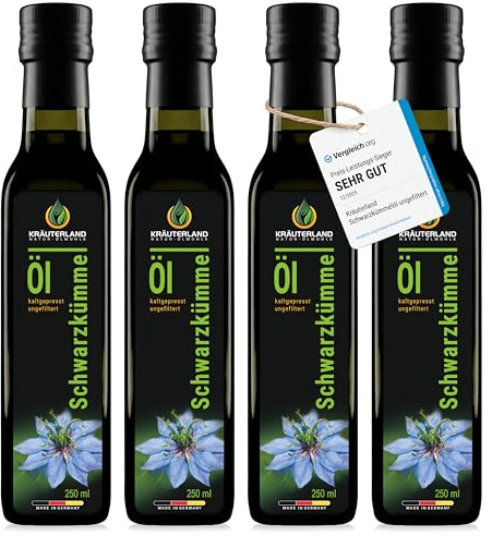 Kräuterland Schwarzkümmelöl kaltgepresst ungefiltert 4x250ml (1Liter) | 100% Nigella Sativa, hoher Thymochinongehalt, ohne Konservierungsstoffe & Aromen, nativ, vegan, mühlenfrisch in glasflasche