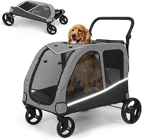 Saudism Dog Stroller for Large & Medium Dogs, Extra Large Pet Stroller, Dog Wagon for 2 Dogs, Foldable Design, Adjustable Handle, with Pocket, Up to 130 lbs