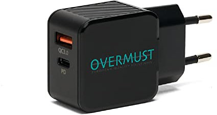 OVERMUST - Caricatore da Muro 25W, 2 Porte USB-C PD e USB-A QC 3.0, Compatibile con iPhone 14/13/12 Pro Max, Samsung, Huawei, iPad, AirPods, Ricarica Rapida, Design Compatto