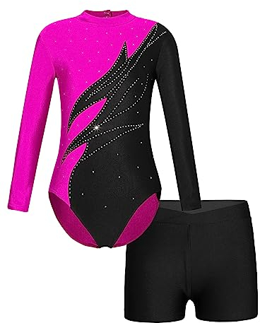 Aiihoo Mädchen Gymnastikanzug Glänzend Turnanzug mit Shorts Trainingsanzüge Turntrikot Tanzoutfit für Wettkampf Hot Pink & Schwarz 146-152