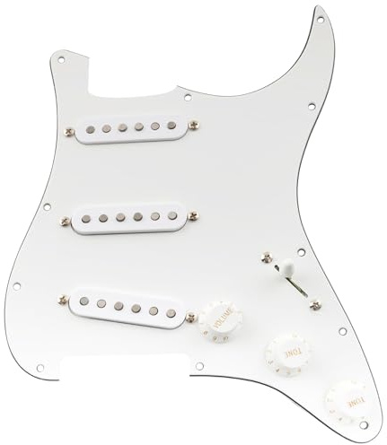 Musiclily Pro SSS Pre-wired Loaded Pickguard ST Gitarren Vorverdrahtetes Schlagbrett mit Artec Staggered Alnico 5 Single Coil Tonabnehmer für Fender Strat Style E-Gitarre 3-lagig Weiß | Standard, mit versetztem Magnet Single Coil Tonabnehmer, für ST Style E-Gitarre