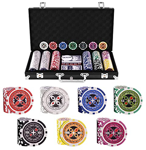 HOMASIS Pokerset mit 300 Chips, Alu Pokerkoffer mit 2 Kartendecks, 5 Würfeln, 1 Dealer Button, Poker Koffer abschließbar, Poker Set Pokerkarten für Texas Hold'em (300 Chips, Schwarz)