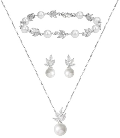 SWEETV Bridal Jewelry Set for Wedding, Cubic Zirconia Pearl Floral Bridal Earrings Necklace Bracelet Set, Silver Jewelry Set for Bride Women