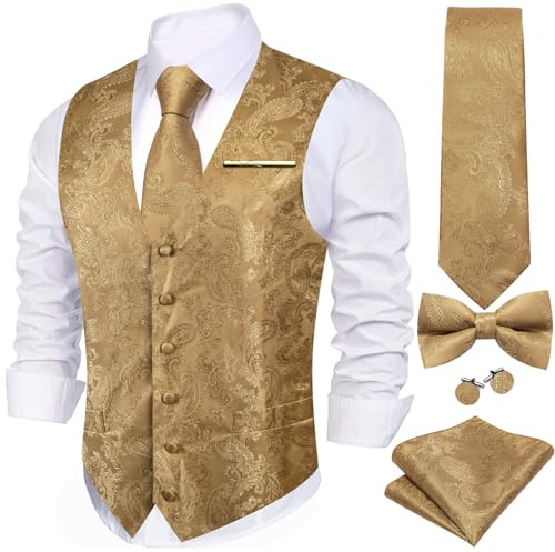 YOHOWA Ensemble de 6 pièces gilet pour homme avec cravate, pochette de costume, boutons de manchette, épingle, motif paisley floral, col en V en soie, parfait pour les occasions formelles et