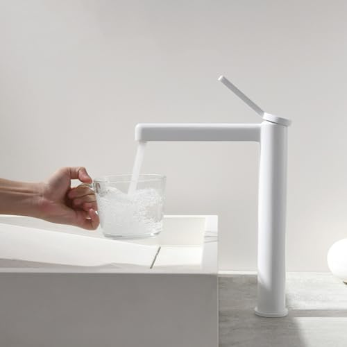 Mitigeur Haut Salle de Bain Blanc Chaud et Froid Poignée Unique,Robinet Vasque a Poser pour Evier Monotrou,Blanc