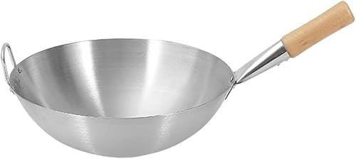 Sartén Wok de al carbono Wok de fondo redondo de al carbono Sartén tradicional de con mango de madera Sartén de cocina Utensilios de cocina Sartén de al carbono de 30 cm Parrilla eléctrica Wok (Tamaño