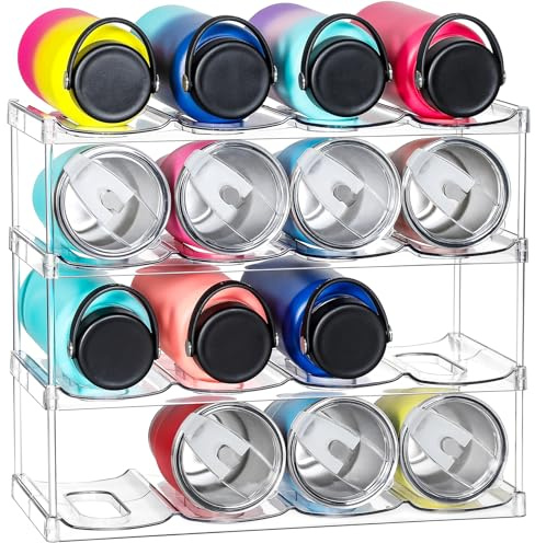 LARGER Compartment - 4 Tier Stackable Water Bottle Organizer Holder - for Stanley 40oz & Others' Large Tumbler - Clear Wine Rack, 16 Cup Bottle Holder for Cabinet Home Countertop Fridge Pantry Shelf