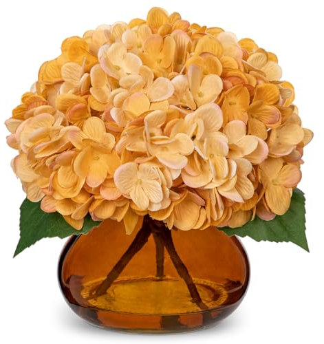 Oairse Flores artificiales de hortensias para decoración otoñal con jarrón de vidrio, arreglos de flores artificiales de seda naranja en jarrón con agua sintética para decoración de otoño, centro de