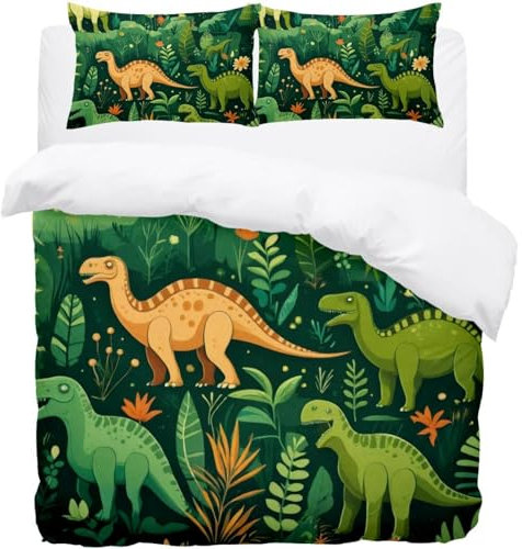Luoweisi Grüne Dinosaurier-Bettwäsche, Kinder-Bettwäsche-Set, superweicher Bettbezug und 2 Kissenbezüge, für Erwachsene, Kinder, Jungen, Mädchen