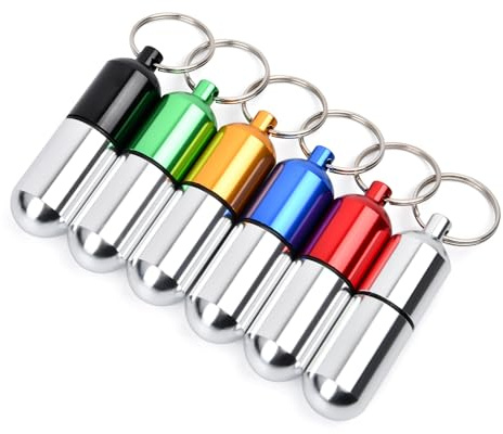 Dokeno 6er-Pack Mini Notfalldose Pillendose Schlüsselanhänger, Tragbare, Wasserdichte Aluminium-Pillendose mit Schlüsselanhänger, Medizinflasche für Outdoor, Camping, Reisen