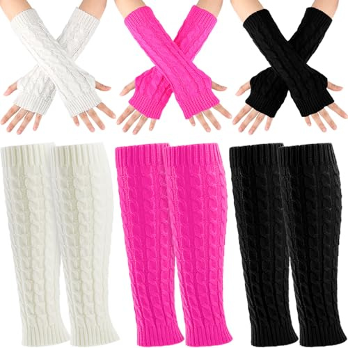 Therwen 6 Paar gestrickte Beinstulpen Armstulpen Set für Frauen Zopfmuster Beinstulpen Kniewärmer Oberschenkelhohe Socken