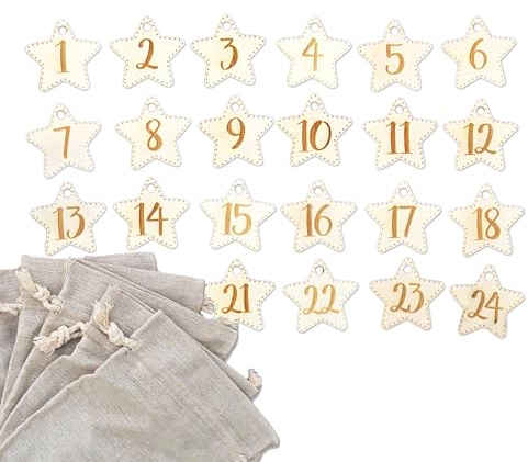 FEENSTAUB Adventskalender Zahlen, Holzzahlen 1-24, sternförmige Holzanhänger für den Adventskalender, Adventskalenderzahlen, Weihnachtskalender Ziffern, 24 Stern Anhänger, Holzzahlen