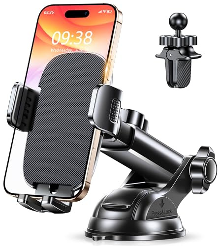 Soporte Movil Coche con Agarre Superior, 4 en 1 Suporte Telemovel Carro para Salpicadero/Parabrisas/Aire Ventilación, Rotación 360° he, Compatible con Móviles de 4-7Diseñado para Máx Estable