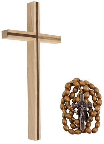 CRAFFANCY Crucifix mural avec collier de perles, crucifix en bois naturel - Décoration murale chrétienne - Décoration murale pour prière