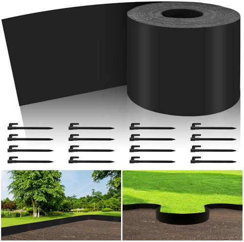 Lawn Edging Border Landscape Edging Coil with 16 Plastic Stakes 15 cm/5 In x 16 m/52 ft Plastic Grass Border Decorative Grass Barrier Flexible Garden Edging Border for Backyard Driveway Path Sidewalk