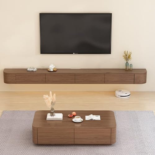 Schwebender TV-Ständer aus Massivholz mit großem Stauraum und modernem Design, wandmontierter TV-Schrank mit Tür und Regalen, Unterhaltungs-Medienkonsole, Nussbaum-Finish (200 cm)