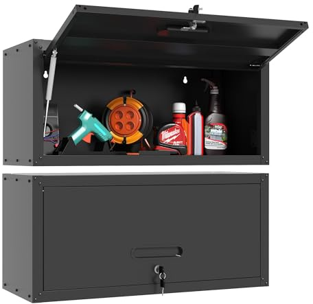 BIZOEIRON Garage Wall Cabinet with Flip-Up Door, Lockable Metal Storage Cabinet Wall Mounted, Hanging Tool Cabinet for Garage Basement Utility Room