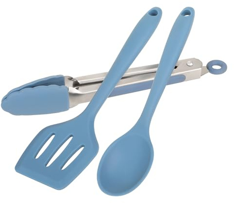 Wiltshire Silicone Mini Kitchen Tongs, Serving Spoon & Turner Set of 3 Blue | Cooking Spoon Serving Tongs & Spatula, Salad Tongs Stainless Steel, Heat-Resistant Utensil, Non-Stick, Non-Scratch
