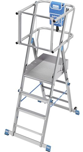KRAUSE | Teleskop-Plattformleiter | höhenverstellbar durch ClickMatic-System | mit umlaufendem Geländer | 3-5 Sprossen