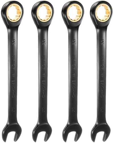 sourcing map 4Pcs Ratcheting Spanner 20mm Metric Open End Wrench 72-Teeth CR-V Steel 12 Point Nickel Plated Combination Ratchet Wrench for Fasteners Nut Bolt