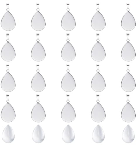 HOBBIESAY 20 Sets Tabletts Foto Charms Cabochons Blanks Edelstahl Anhänger Cabochon Einstellungen mit Glas Cabochon für Braut Hochzeit Bouquet Graduation Cap Schmuck Herstellung