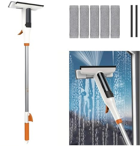 Azragon Telescopic Window Squeegee, Spray Bottle, 5 Rags, High Windows/Car | Extendable Pole Reaches Tall Glass, No Ladder; 2 Silicone Scrapers; Built-In Sprayer for 1-Step Soapy Wash; Fits Shower Doors