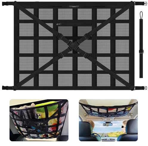 flintronic Rete Bagagliaio Auto, con Cinghie a Croce Regolabili e 2 Tasche a Rete, 90 * 65cm, per Auto, Jeep, Furgoni, SUV(Controlla se il tuo tetto ha 4 maniglie)
