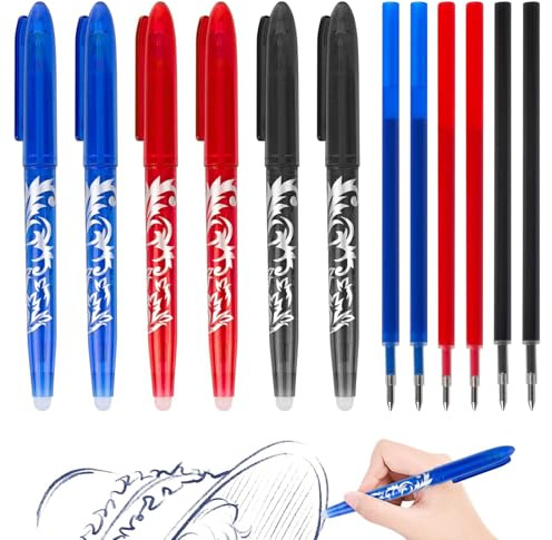 XCRPRT Penna a sfera cancellabile, 6 penne cancellabili, 6 mine intercambiabili, blu, nero e rosso, 0,5 mm, per adulti, bambini e studenti