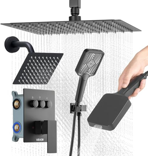 VEVOR Ensemble de Robinetterie de Douche, Système de Douche à 3 Fonctions, Pommeau Haut à Effet Pluie de 30,5 cm, Pommeau Mural et Douchette à Main 4-en-1, pour Salle de Bain Maison, Noir Mat