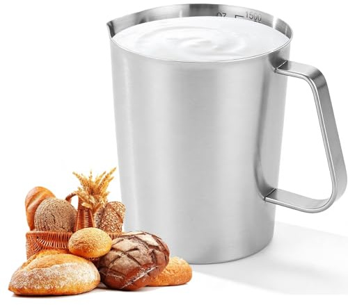 1.5L Edelstahl Messbecher 304 Edelstahl mit Feinskala BPA Frei 15.3cm, Messbecher Metall Mit Griff, Milchkännchen für Zuhause Küche Restaurant Bar Teeladen Café Treffpunkt