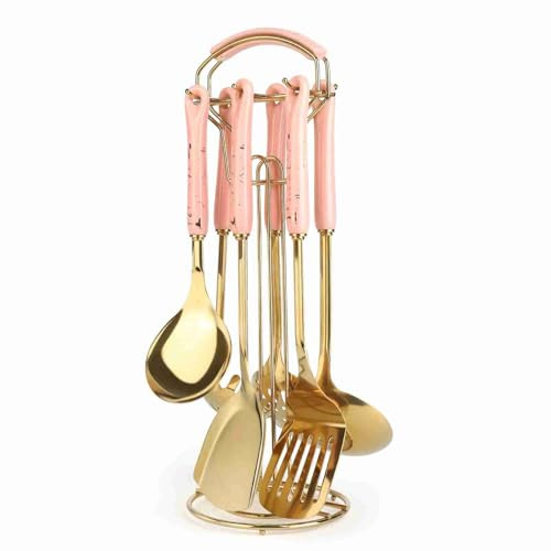 Juego de utensilios de cocina, espátula de cerámica de acero inoxidable dorado rosa, cuchara, tenedor para Pasta