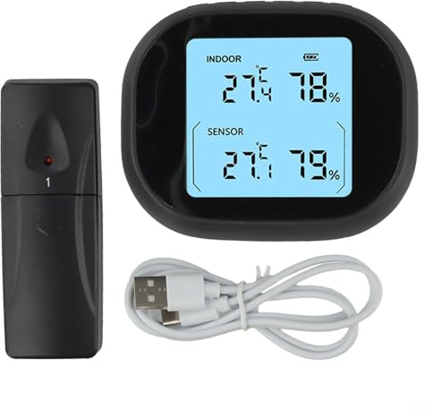 Thermomètre hygromètre sans fil rechargeable avec capteurs intérieurs et extérieurs, écran LCD, fonction mémoire, batterie 2000 mAh alimentée par USB (un à un)