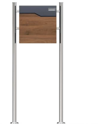 SCHARTEC Holz-Design dunkel Standbriefkasten SBS-SPB-7 freistehend Edelstahl Standfuß anthrazit mit Zeitungsfach Briefkasten stehend Postkast (Silber (Edelstahl))