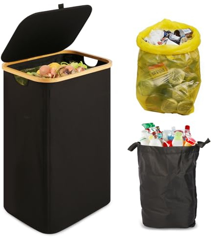 Cubo de Basura Cocina 100L con Tapa Antiolor - Papelera Reciclaje Plegable Ahorra Espacio con Borde de Asa Bambú, Apertura Trasera y Bolsa Extraíble Lavable - Cesto Residuos Grande para Hogar, Negro