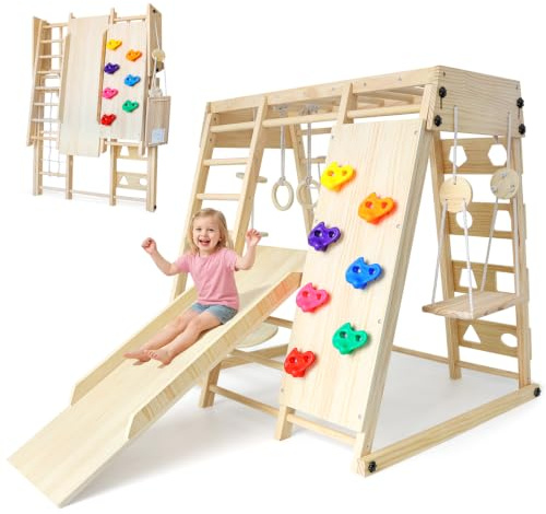 FAMPLY Maxi Klettergerüst Indoor Klappbarer, 10 in 1 Multifunktional | Kletterturm Kinder Holz, Montessori Indoor-Spielplatz mit Kletterplatte, Rutsche, Schaukel, Kletterwand, Turnringe