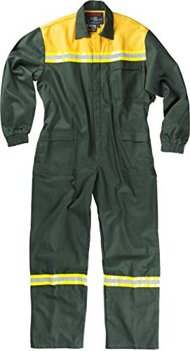 Work Team Buzo ignífugo con Cinta Reflectante. 100% Algodón. IGNIFUGO EN11612. Hombre Verde+Mostaza 62/64