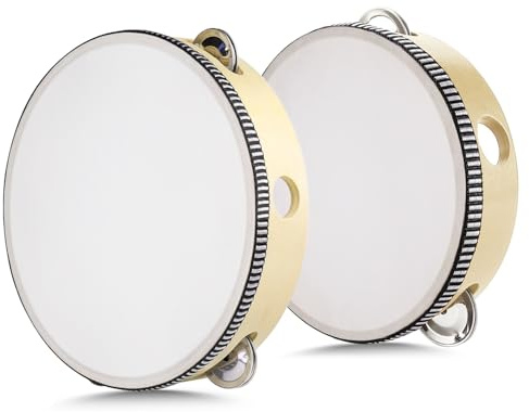 Flexzion Tamburin, Handtrommel mit Handgriff - 2er-Pack, 20cm+15cm Schellenkranz in Mond-Form aus Holz, Musik Schlaginstrument, 1-reihige Schellenring mit Metall Schellen, Schlagzeug, Beige