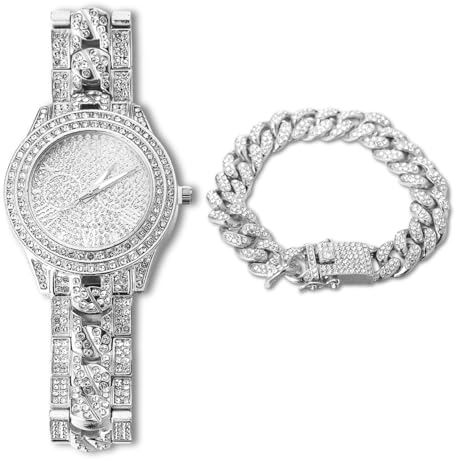 Halukakah Diamant Vergoldete Uhr,Herren 18 Karat Echt Vergoldet/Platin Weißgold Plattiert Kubanische Kette Band Quarz Armband 24cm,mit Kubanischer Kette 20cm Armband + 45cm Halskette,Labordiamants