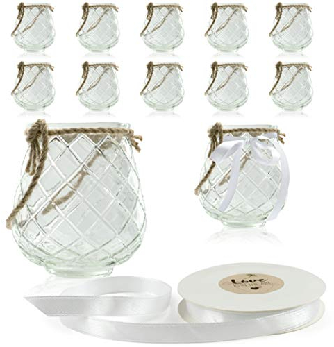 WeddingTree vasetti per Candele con Gancio e Nastro Decorativo Bianco - Portacandele di Vetro - per Matrimoni, Feste in Giardino, composizioni Floreali, Decorazioni da Tavolo (Espressionismo)