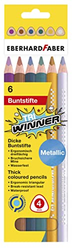 Eberhard Faber 518305 - Buntstifte Set TRI Winner, 6 Farbstifte in Metallic Farben, bruchsicher