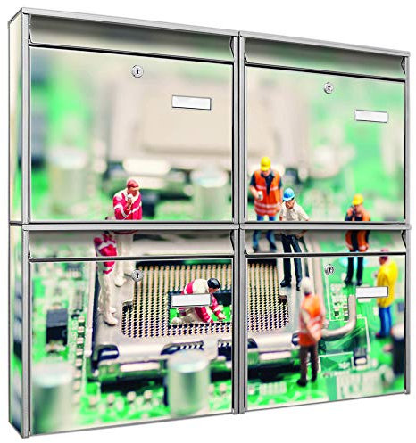 banjado Briefkastenanlage 4 Fach - Postkästen groß - verzinkter Stahl Silber DIN A4 Motiv Prozessor - Briefkasten Set 4 Briefkästen Namensschild, 2 Schlüssel, Montagematerial