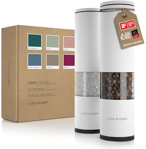 LARS NYSØM Juego de 2 molinillos de sal y pimienta manuales con molinillo de cerámica ajustable de grueso a fino I Juego de molinillos de especias de diseño (Pure White)